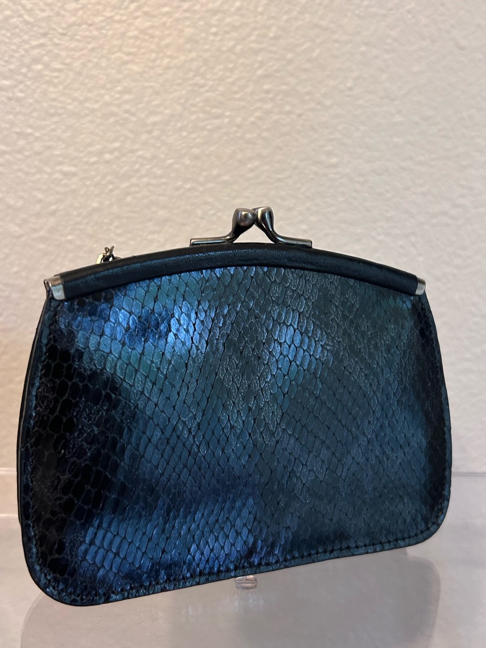Elegant Women's Clutch Purse in Iridescent Teal Snake-Embossed Leather